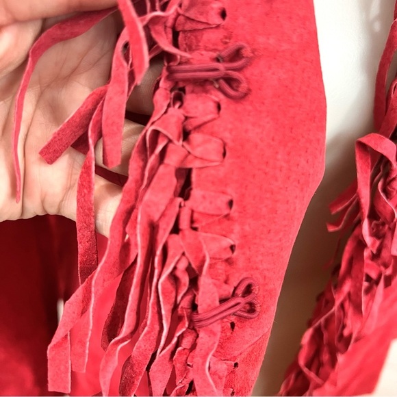 Vintage 90’s Boho Red Leather Suede Frontier Western Fringe Jacket - Picture 7 of 9